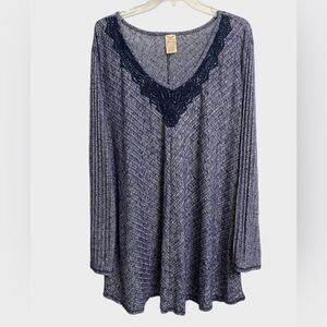 Faded Glory Navy Lace Trim Tunic Top Shirt Women's Size 3X V-Neck Boho Flowy
